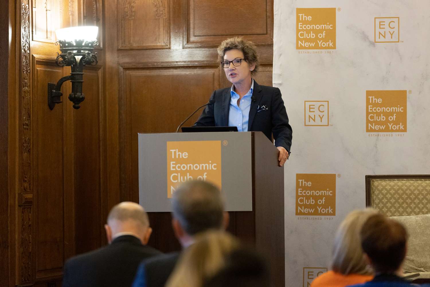 Mary Daly, president of the Federal Reserve Bank of San Francisco, during an Economic Club of New York event in New York, US, on Thursday, Oct. 5, 2023. Daly said policymakers can hold interest rates steady if the labor market and inflation continue to cool or financial conditions remain tight.