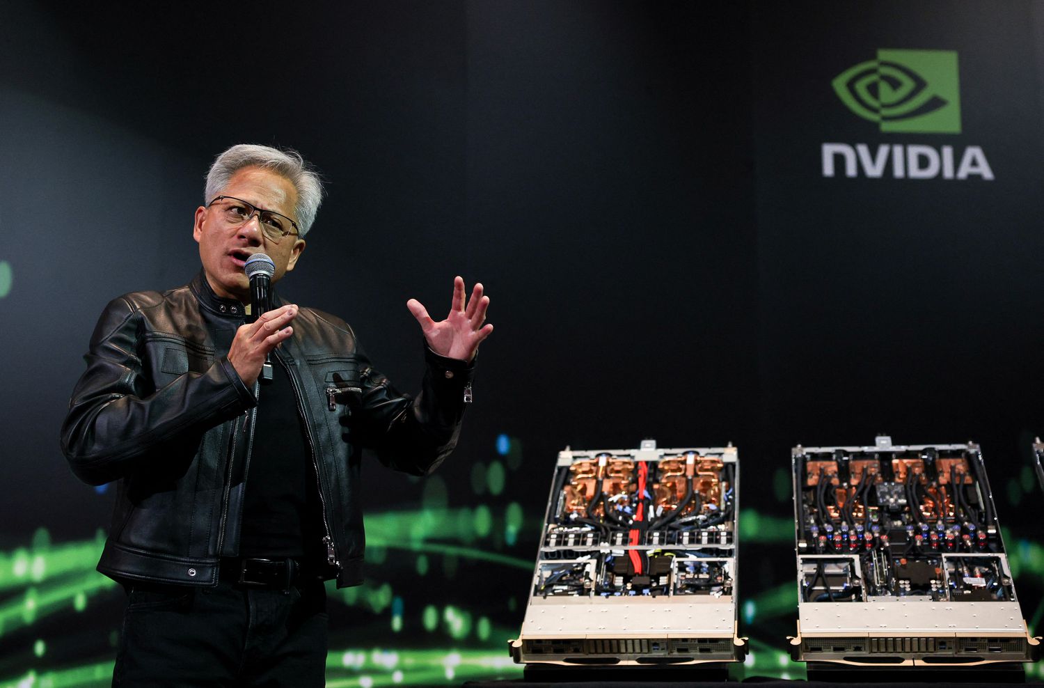 Nvidia CEO Jensen Huang speaks at a news conference in May 2025. 
