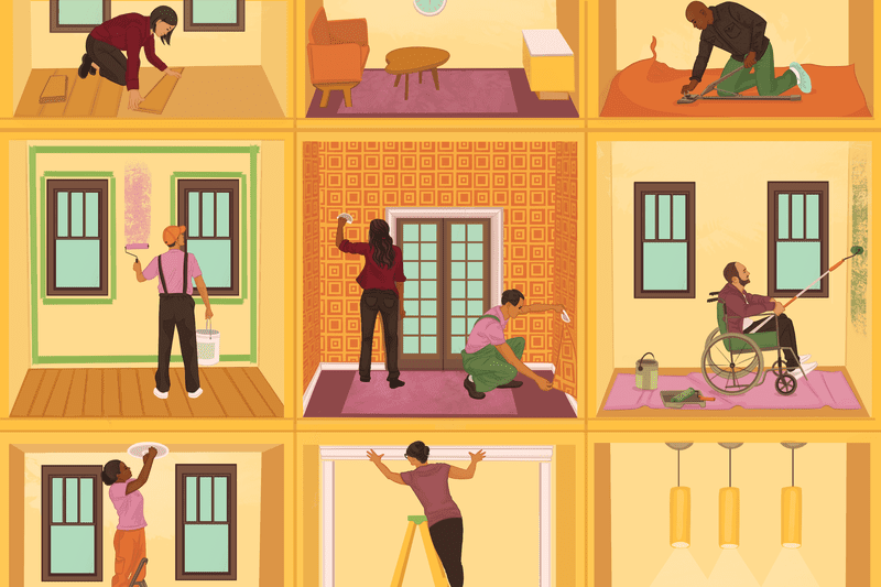 Multiple people are shown making home improvements in different rooms of a house, from wallpapering to painting. 
