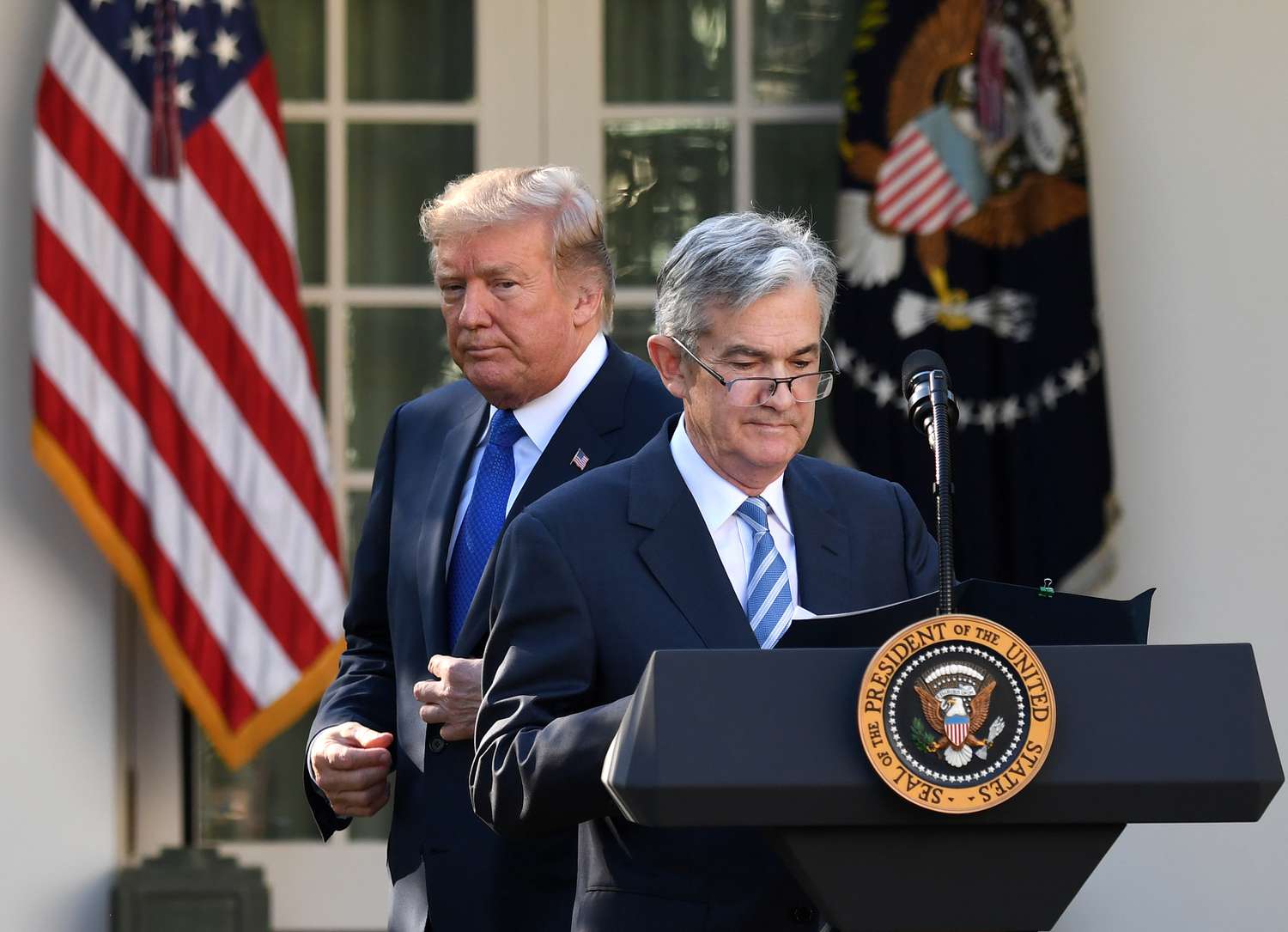 President Donald Trump (L) and Federal Reserve Governor Jerome Powell at a nomination ceremony at the White House in Washington D.C., on Nov. 2, 2017.. 