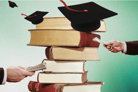 This photo illustration shows books stacked on top of each other with graduation caps and hands holding money.