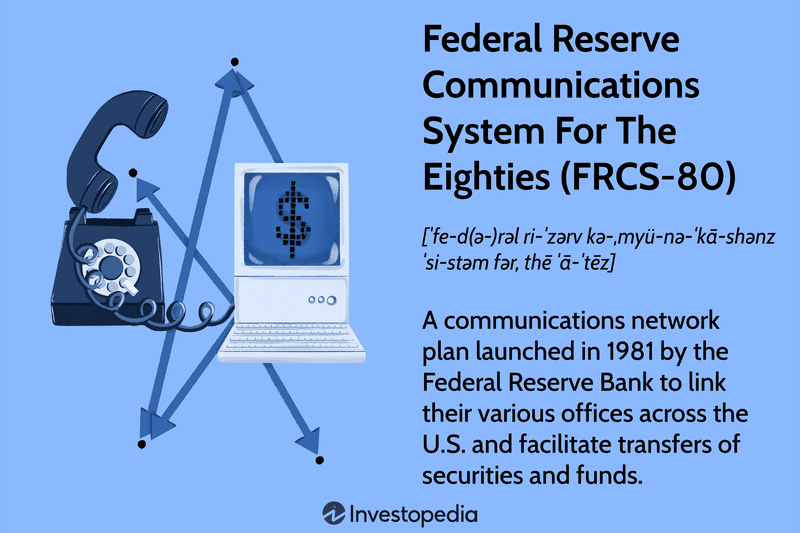 Federal Reserve Communications System for the Eighties (FRCS-80): A communications network plan launched in 1981 by the Federal Reserve Bank to link their various offices across the U.S. and facilitate transfers of securities and funds.