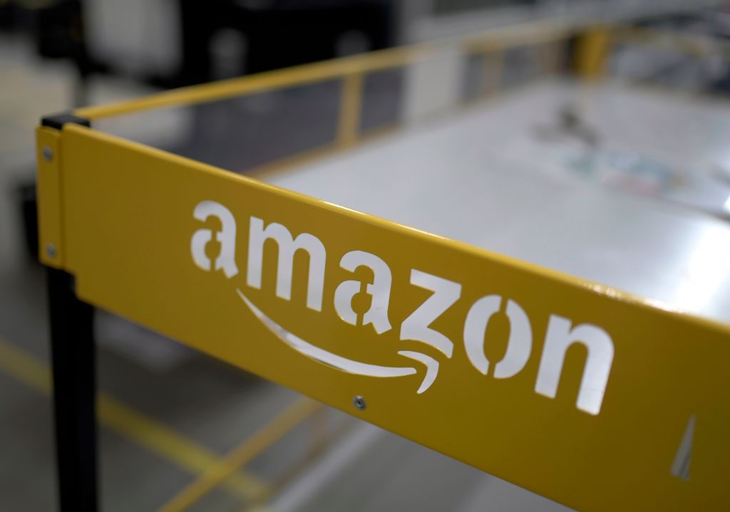 Logo of US online retail giant Amazon at the distribution center in Moenchengladbach.