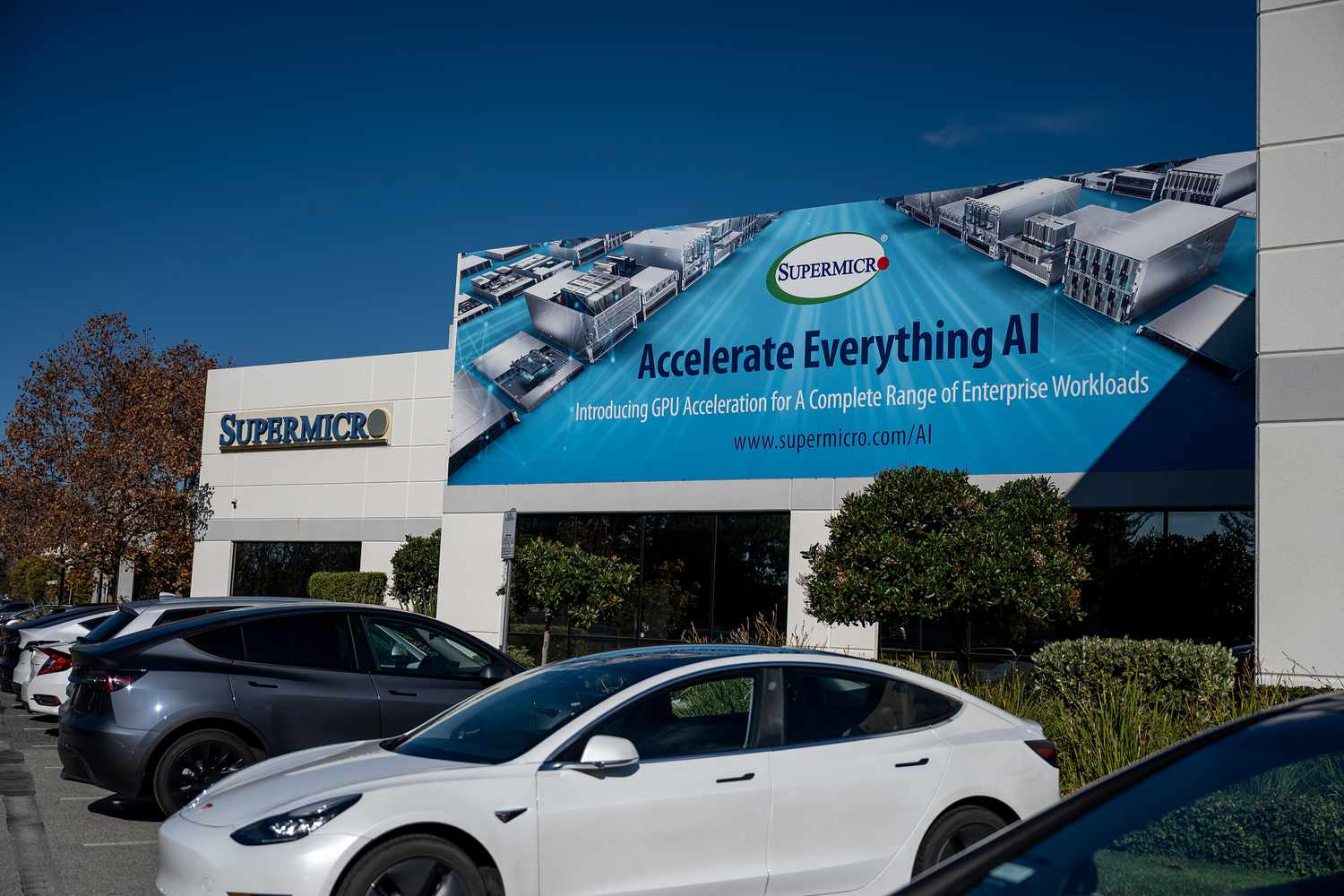  Super Micro Computer headquarters with billboard advertising GPU acceleration for AI.