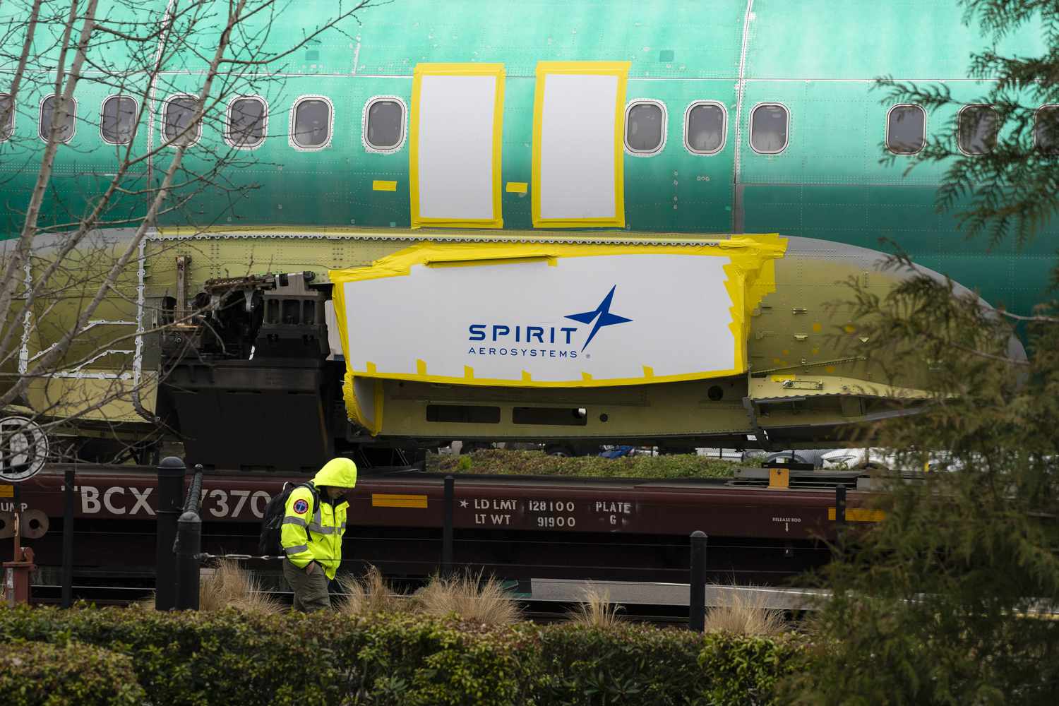 Spirit AeroSystems signage on a Boeing 737 fuselage.