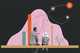 Two people seated on a platform observing graphic data representations and a rising dollar sign symbol