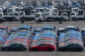 Vehicles awaiting shipment are parked at a port on March 27, 2025 in Yokohama, Japan. U.S. President Donald Trump announced his plan to impose a 25 percent tariff on imported automobiles manufactured outside the United States.