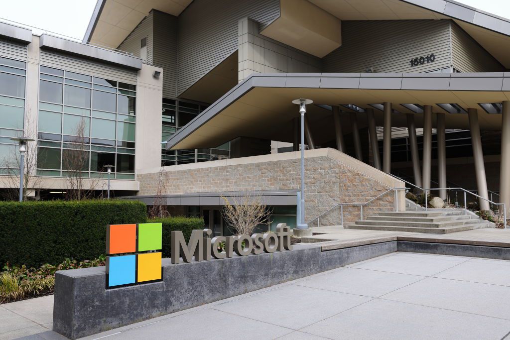 A Microsoft sign is seen at the company's headquarters on March 19, 2023 in Seattle, Washington.