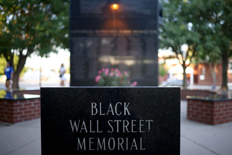 The Black Wall Street Massacre memorial is shown on June 18, 2020, in Tulsa, Okla.
