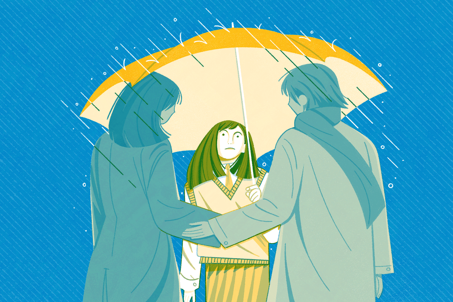 Young woman sitting under an umbrella held by her parents.