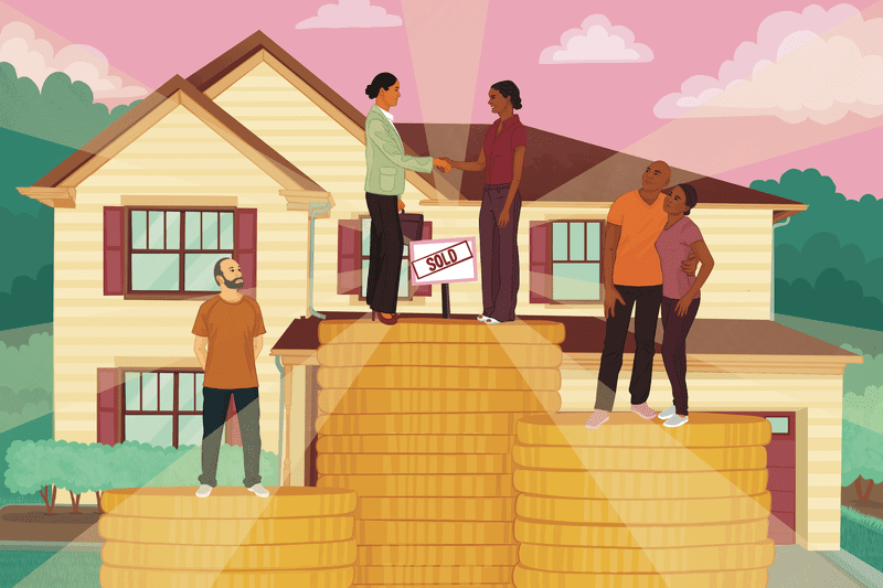 Illustration of people standing on coins when making an offer for a home purchase.