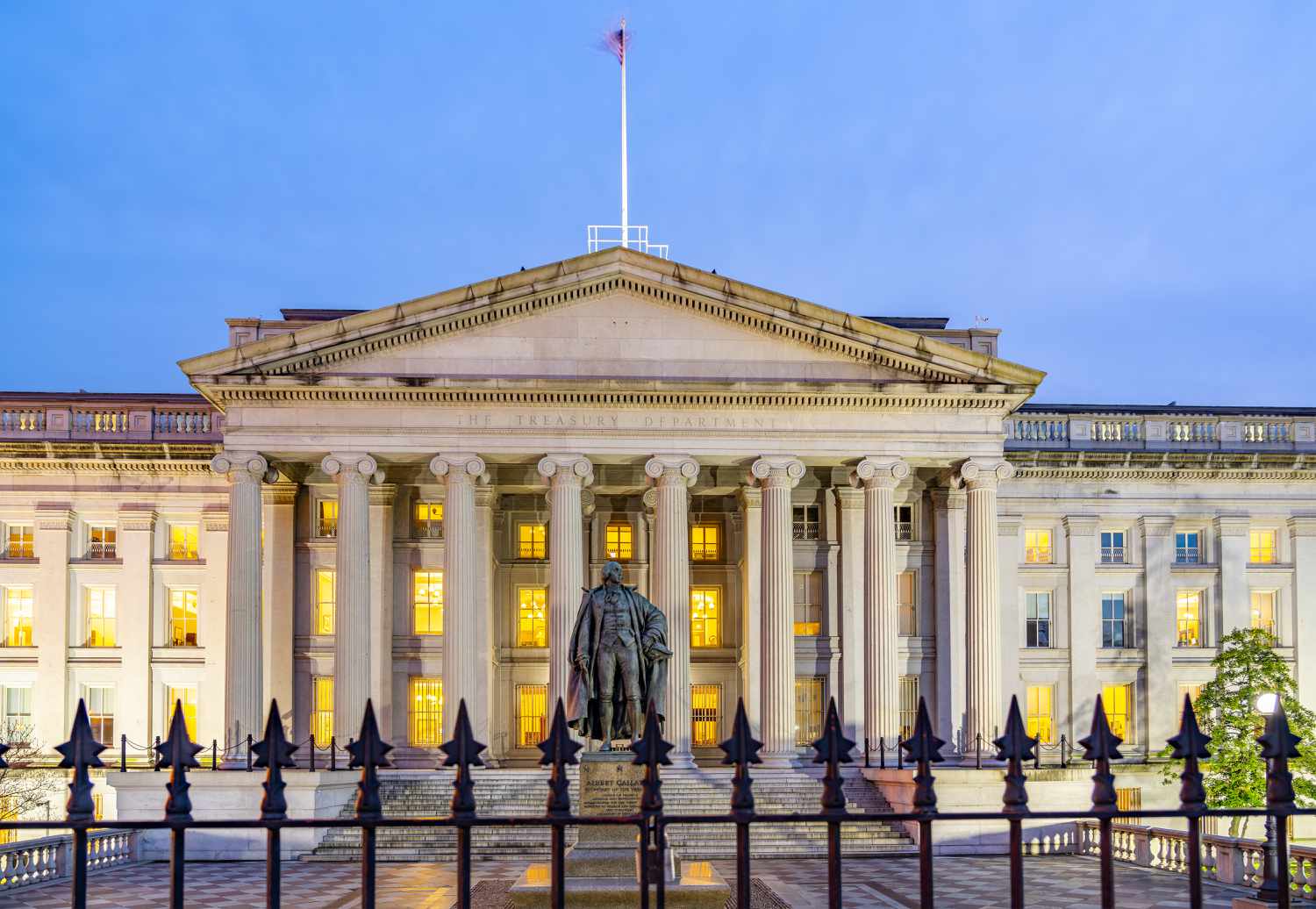 The US Treasury Building in downtown Washington DC, USA at night.