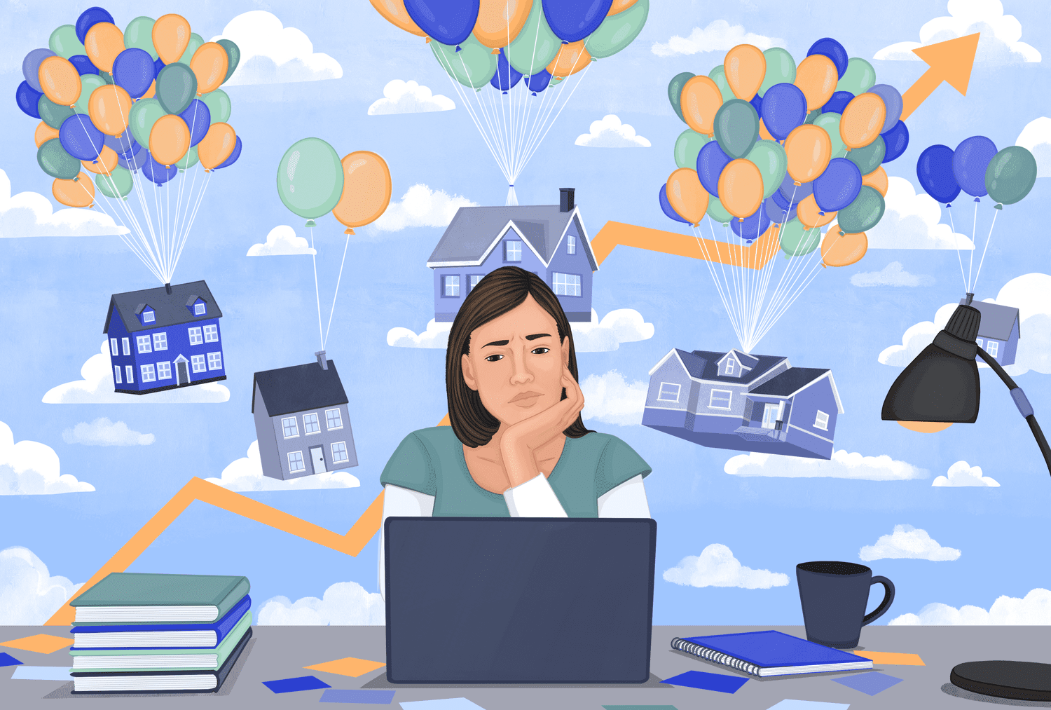 An illustration shows a woman sitting at a laptop as houses tied to balloons float behind her and arrows point up. 