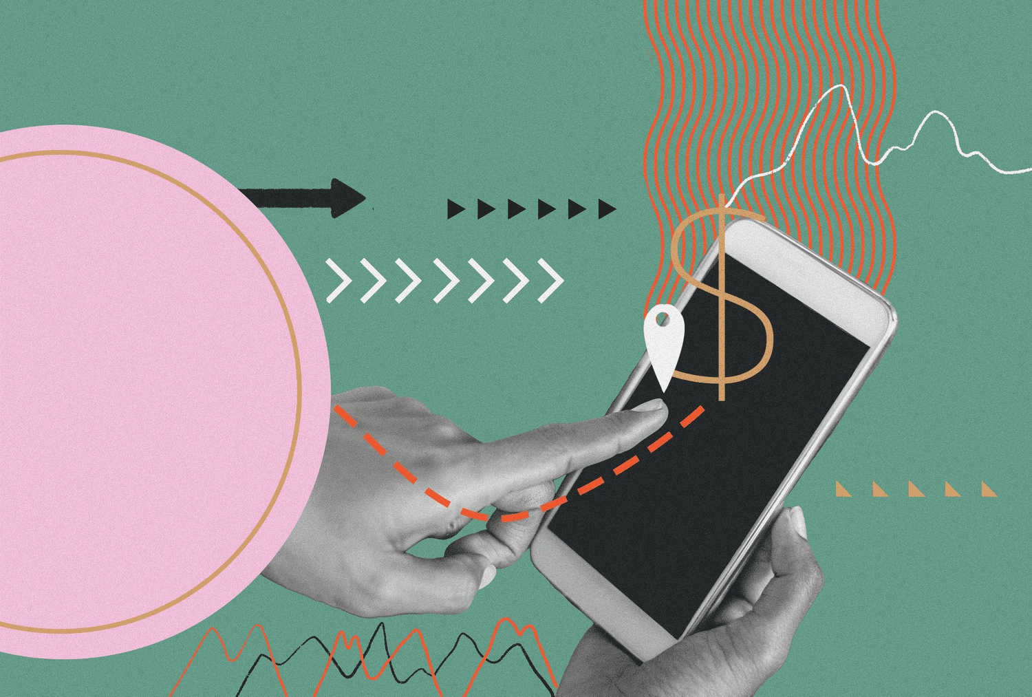 A hand pointing at a smartphone screen with abstract graphics, including arrows, lines, and shapes symbolizing financial concepts.