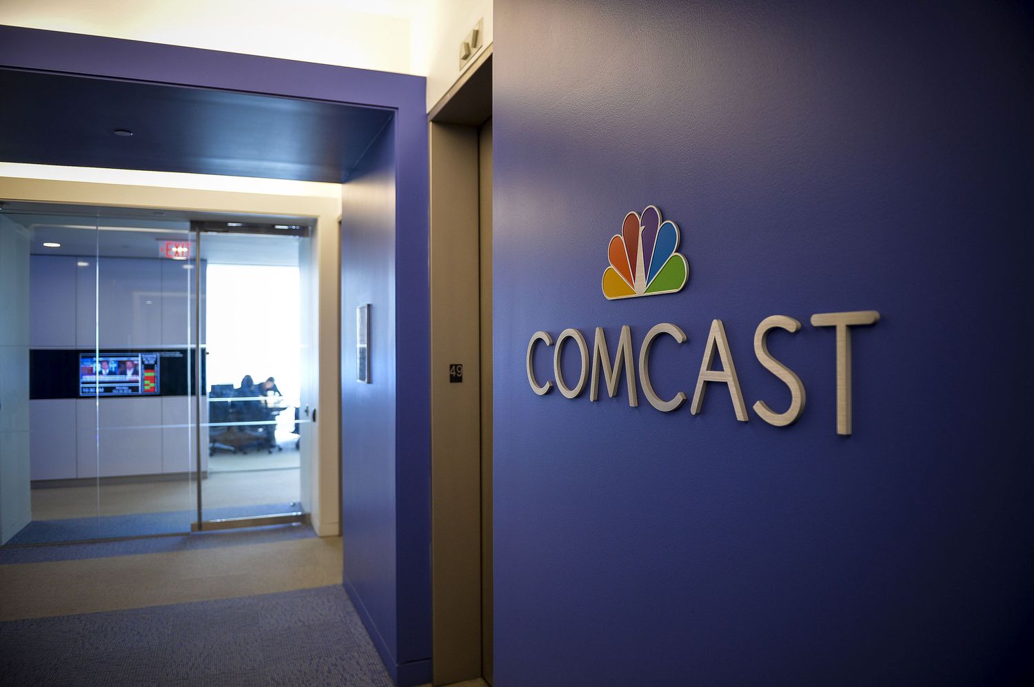 Comcast sign in a hallway of its Philadelphia headquarters
