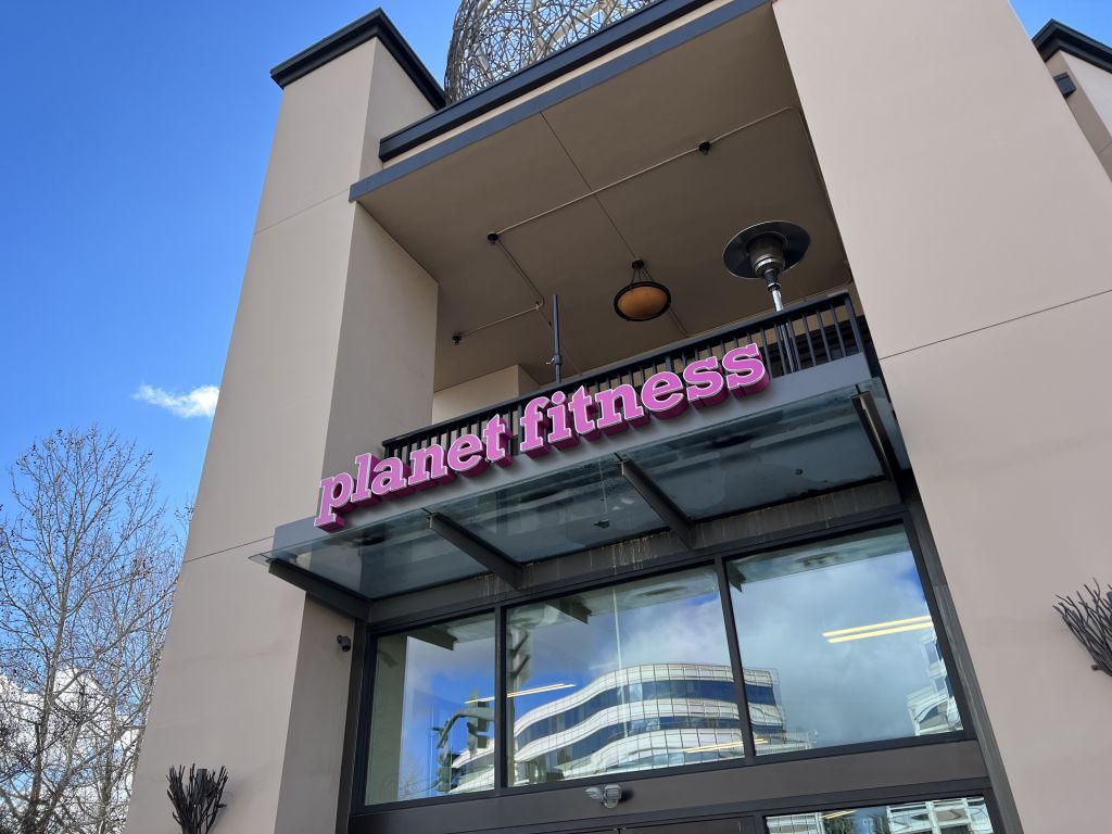 Planet Fitness building facade with blue sky in the background, Walnut Creek, California, March 30, 2023. 