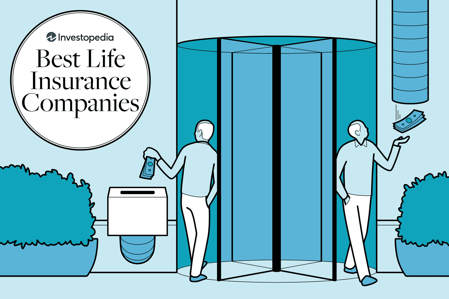Graphic of a man entering a revolving door while dropping money in a box and exiting the door while money drops from a chute