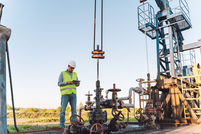 Manager in helmet and protective garment analyzing data near an oil drilling site