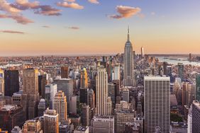 Manhattan skyline, New York skyline, Empire State Building, sunset, New York City, United States of America, North America