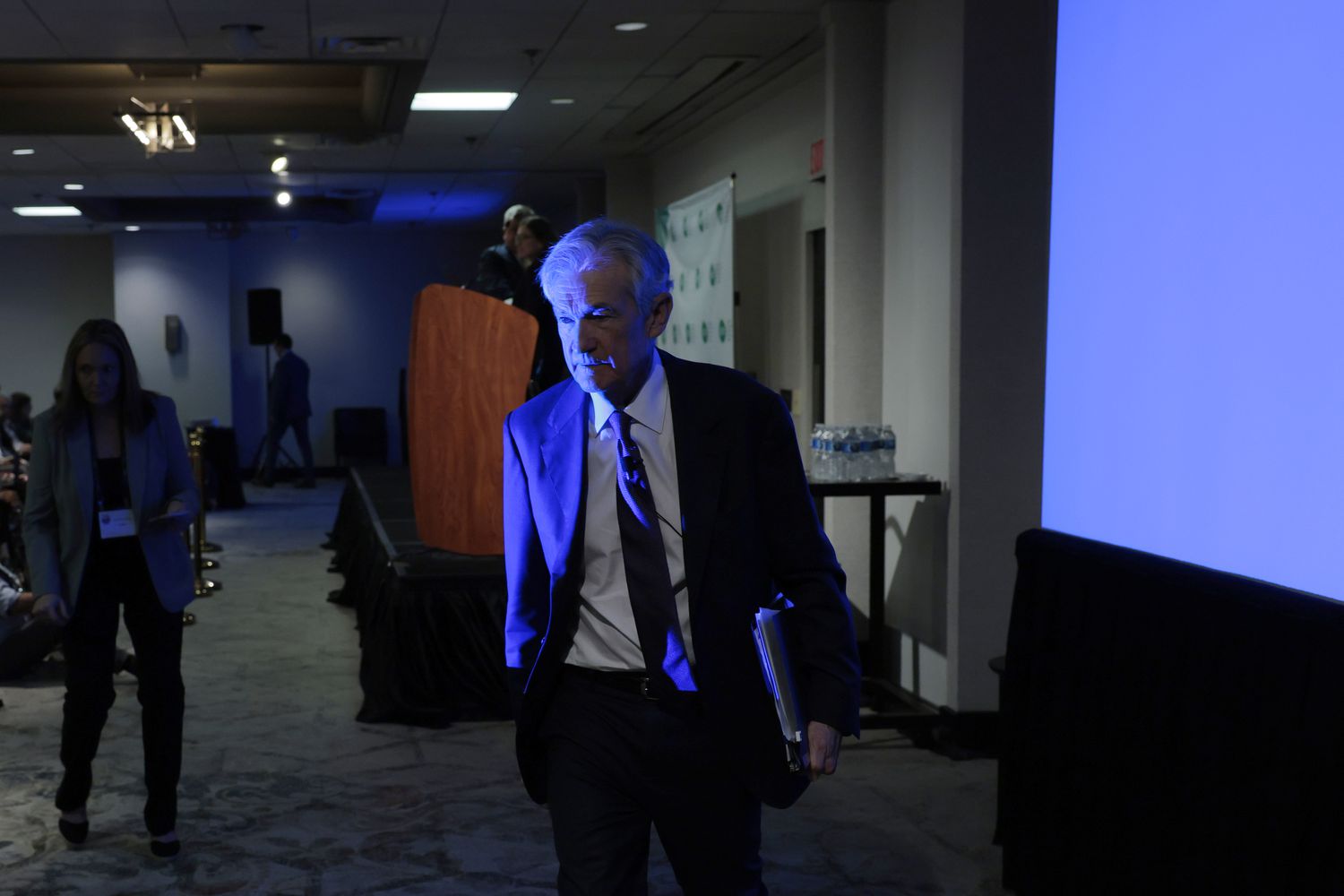 Federal Reserve Chairman Jerome Powell departs after speaking during a Society for Advancing Business Editing and Writing (SABEW) Annual Conference on April 04, 2025 in Arlington, Virginia. 