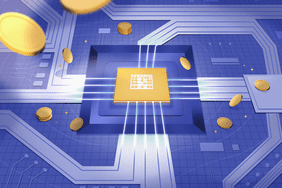 Illustration of a semi-conductor close up, with coins floating around. 