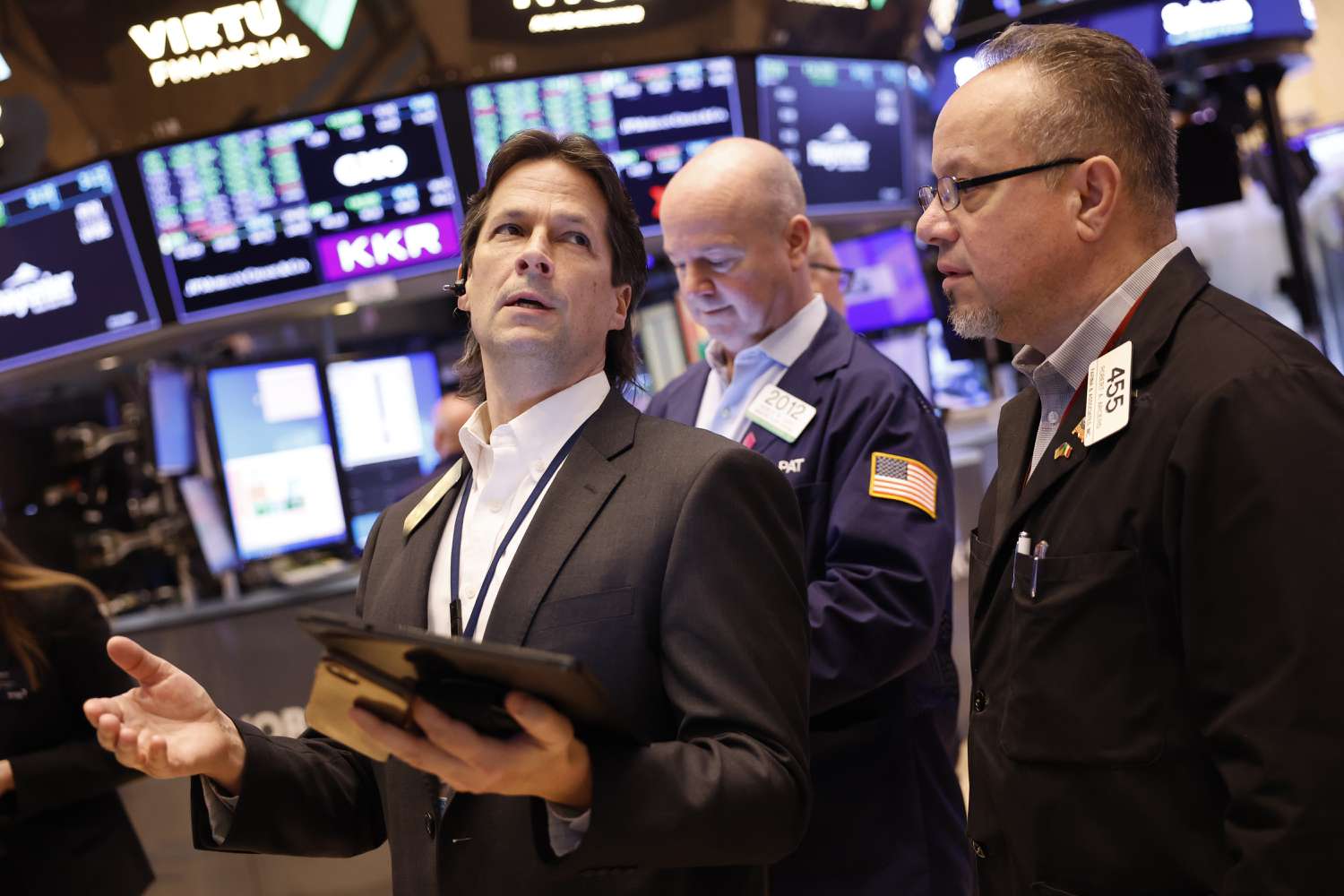 Traders work on the floor of the New York Stock Exchange.