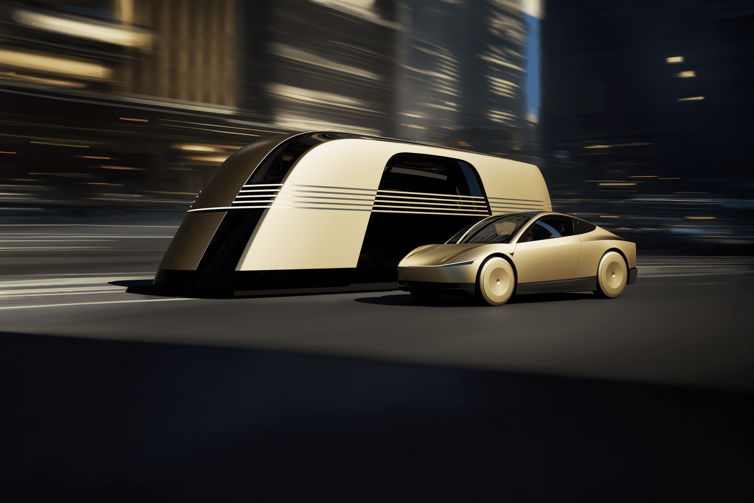 The Tesla Robotaxi and Robovan are pictured driving next to each other.