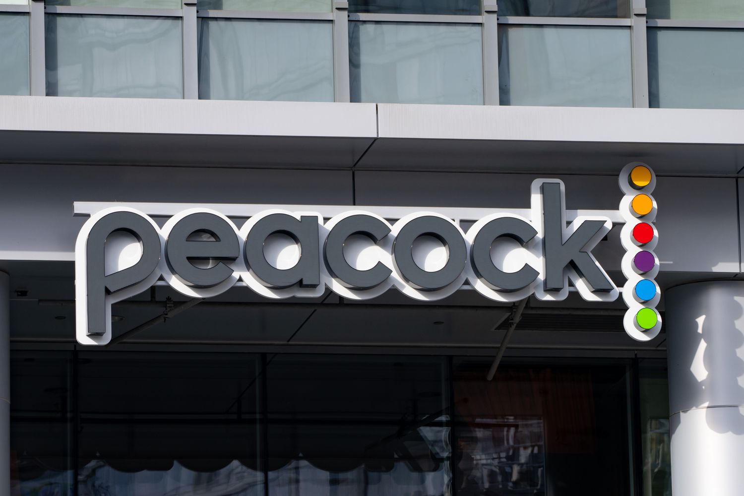 General View of signage for the Peacock video streaming network at Peacock Place in Downtown L.A. on February 9, 2024 in Los Angeles