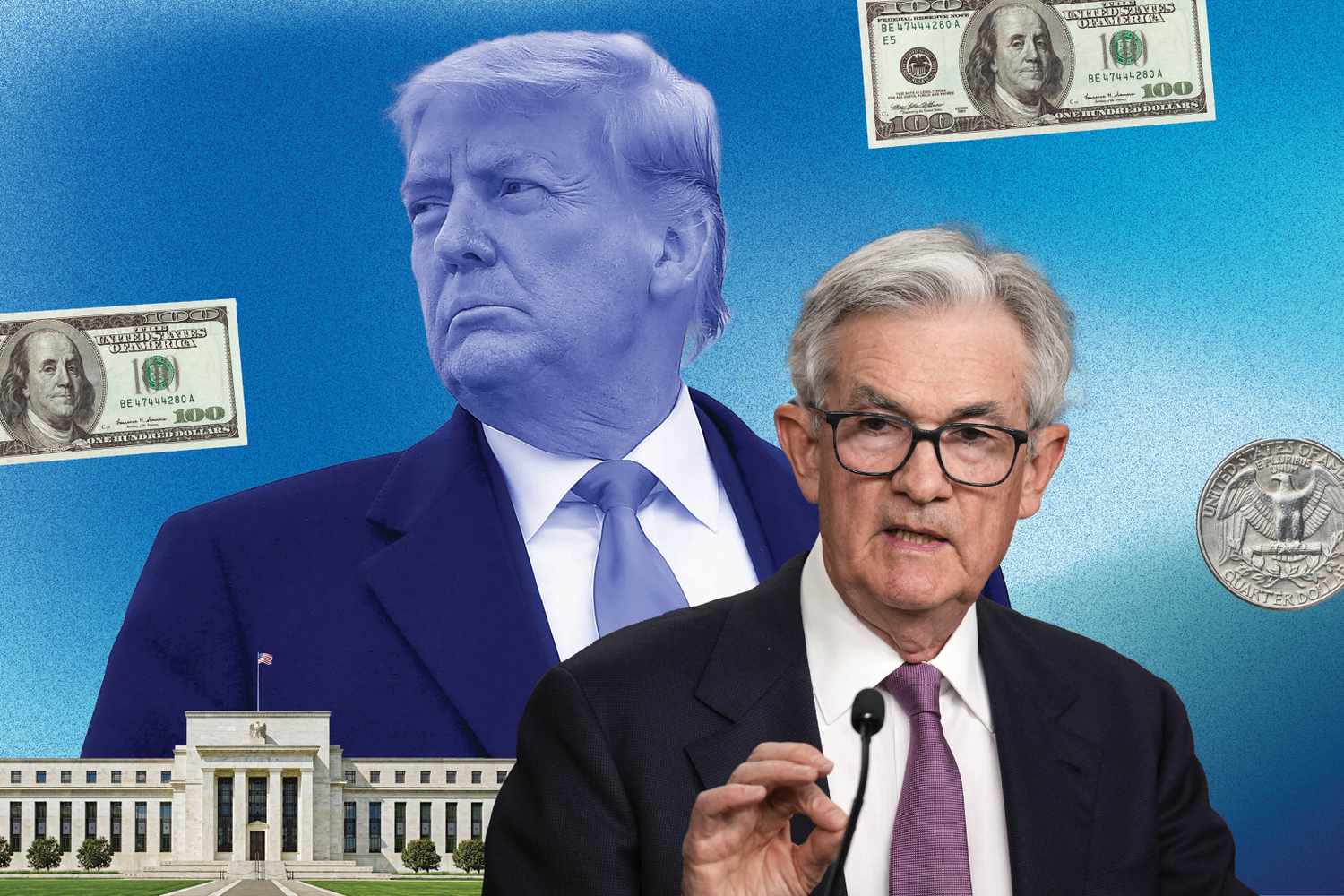 In this photo composite, Jerome Powell speaks in front of the Federal Reserve Building and Donald Trump looms in the background as money floats around. 