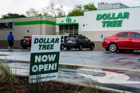 A green and white "Dollar Tree Now Open" sign is seen outside of a Dollar Tree store.