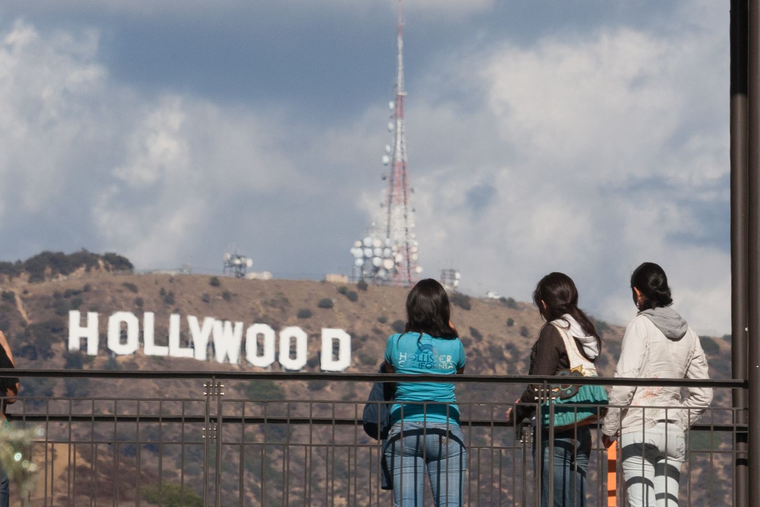 People on the viewing bridge at Hollywood &amp; Highland looking at the Hollywood Sign