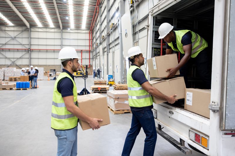 Three warehouse workers load the back of a delivery truck with supplies to fulfill an order