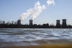 Steam rises out of the nuclear plant on Three Mile Island