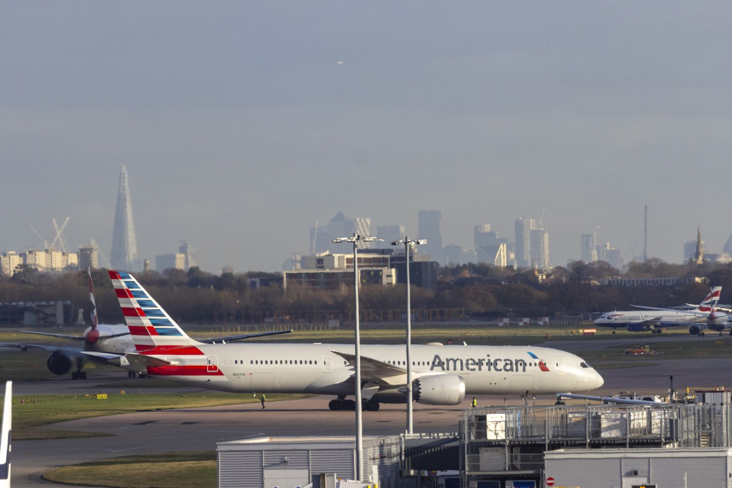 American Airlines aircraft taxis at Heathrow airport in London.