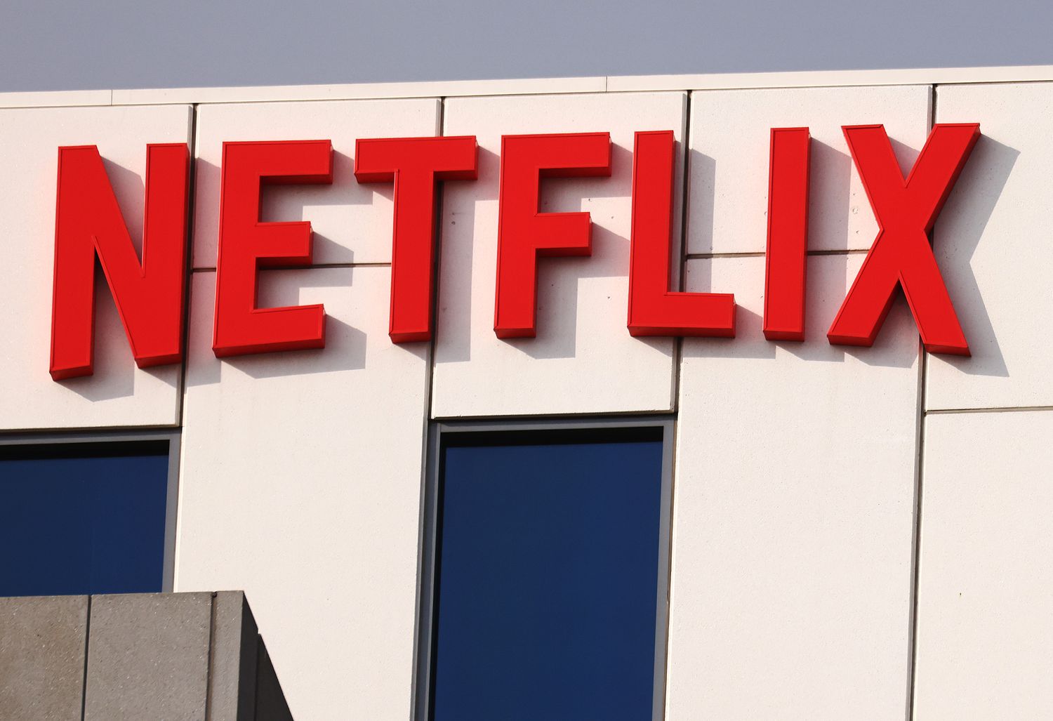 The Netflix logo is displayed at Netflix's Los Angeles headquarters.