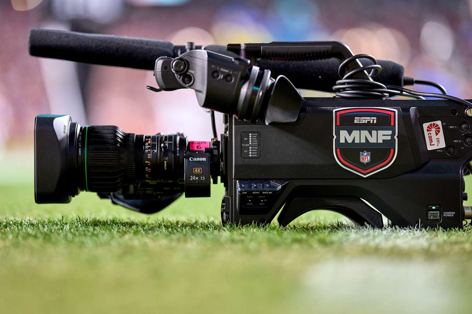 A detail view of an ESPN Monday Night Football NFL logo is seen on a tv camera in action during a game between the San Francisco 49ers and the Baltimore Ravens at Levi's Stadium on December 25, 2023 in Santa Clara, California. 