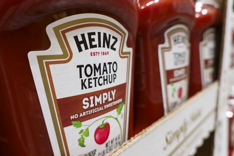 Cases of Heinz tomato ketchup are displayed at a Costco Wholesale store on April 25, 2025 in San Diego, California