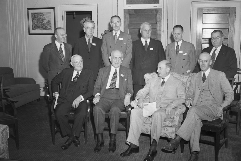 U.S. delegates at the Bretton Woods Conference in Bretton Woods, N.H., with Assistant Secretary of the Treasury Harry Dexter White standing far left.
