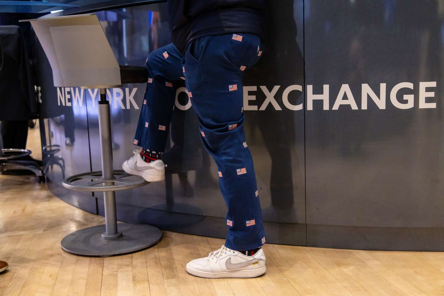 A trader on the New York Stock Exchange wears American flag pants on Wednesday. 