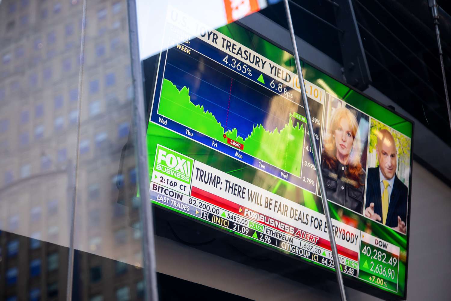 A television broadcasts market news at the Nasdaq MarketSite in New York, US, on Wednesday, April 9, 2025