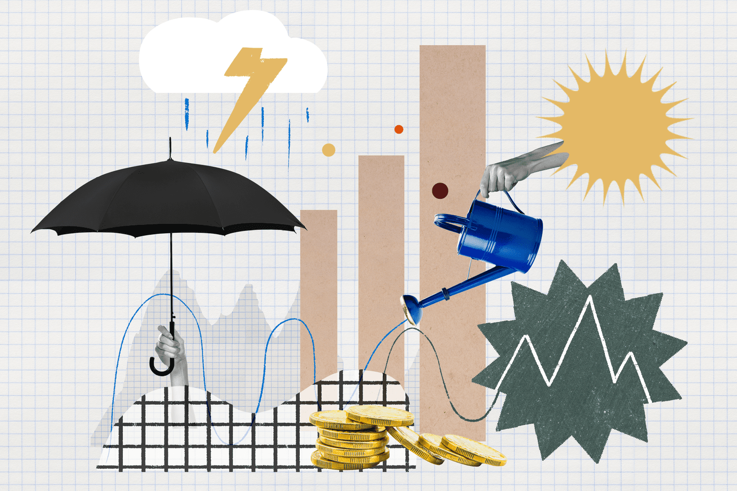 Photo and illustration composite representing the idea of factor investing, which includes protecting and feeding investments based on different market conditions. 