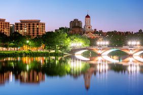 Blue Hour, John W. Weeks Bridge, Dunster House, Havard University, Cambridge, Boston, Massachusetts, America