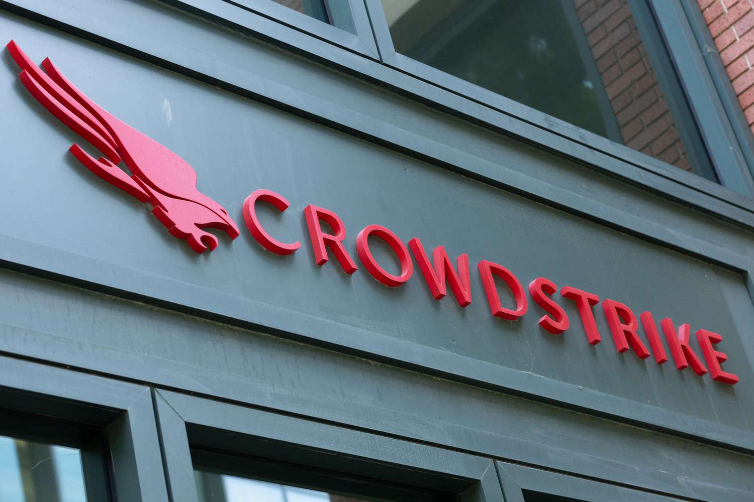 CrowdStrike logo above a door at its offices in Sunnyvale, Calif.