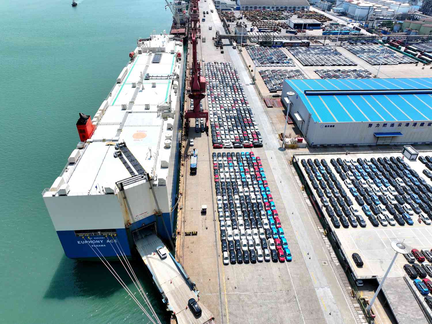A roll-on/roll-off vessel was parked at Berth 58 of Lianyungang Port to load export vehicles in Lianyungang City, Jiangsu Province, China on May 27, 2025.