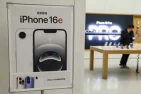 An ad promoting the iPhone 16e at an Apple store in Shanghai on Feb. 28. 