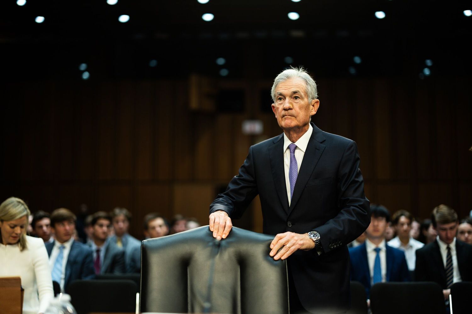 Federal Reserve Chair Jerome Powell arrives for a Senate Banking, Housing, and Urban Affairs Committee hearing in Washington, DC, on July 9, 2024.