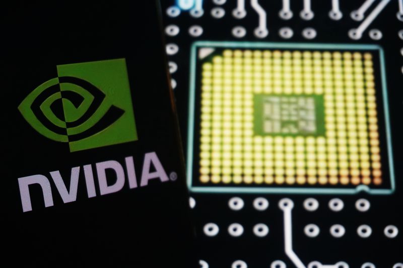 The logo of chipmaker Nvidia and circuit board