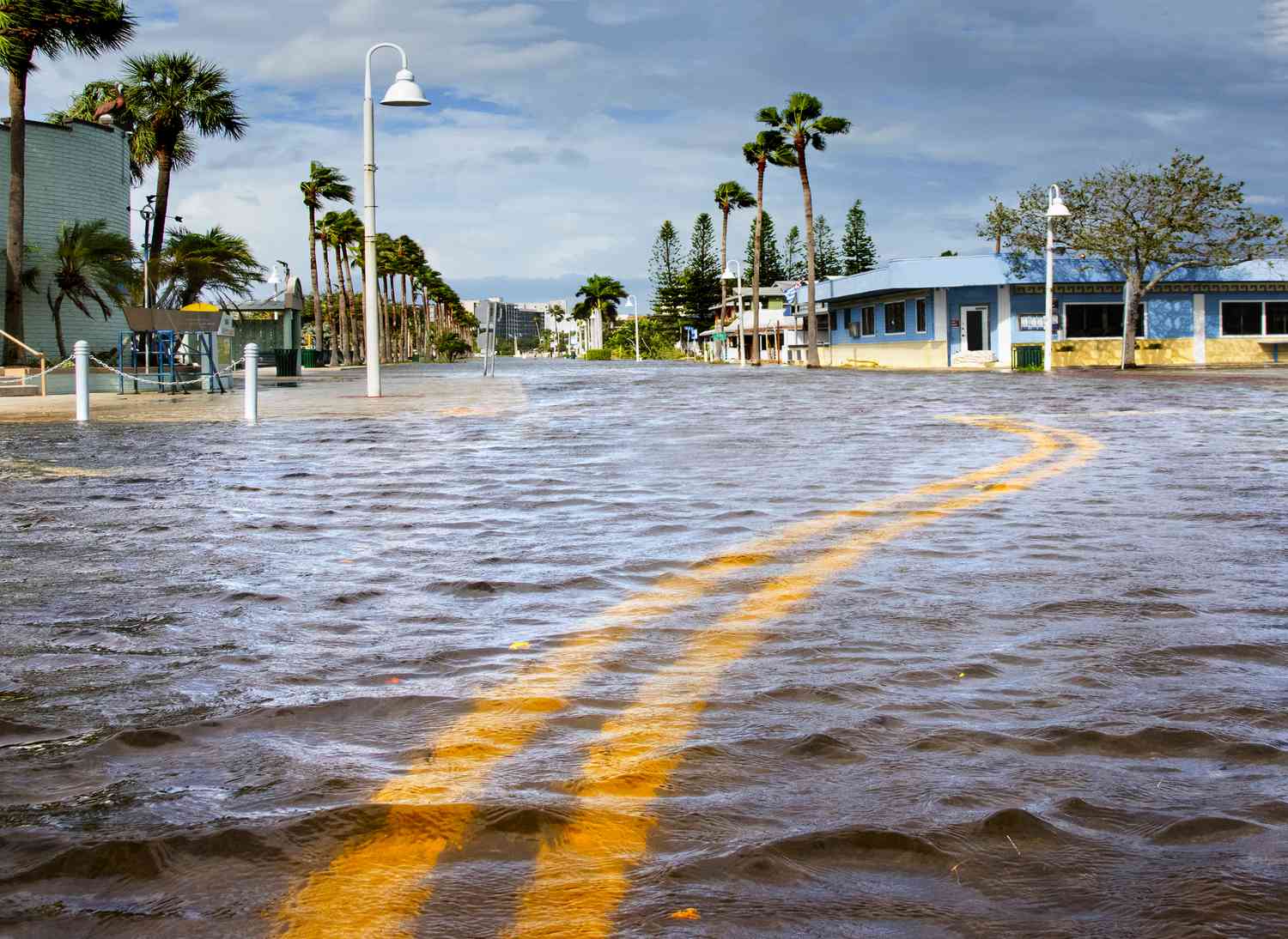 Downtown main road in Gulfport, Florida begains to succumb to the rising waters being pushed ashore from Tampa Bay and the Gulf of Mexico during Hurricane Helene.