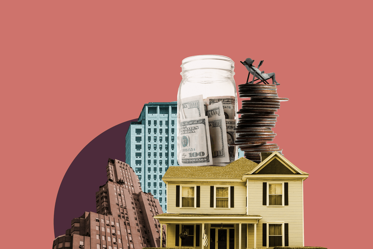 Collage of retirement savings on a house against a coral backdrop.