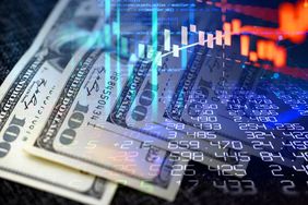 An illustration with $100 bills, digits, and stock graphs blurring into one another